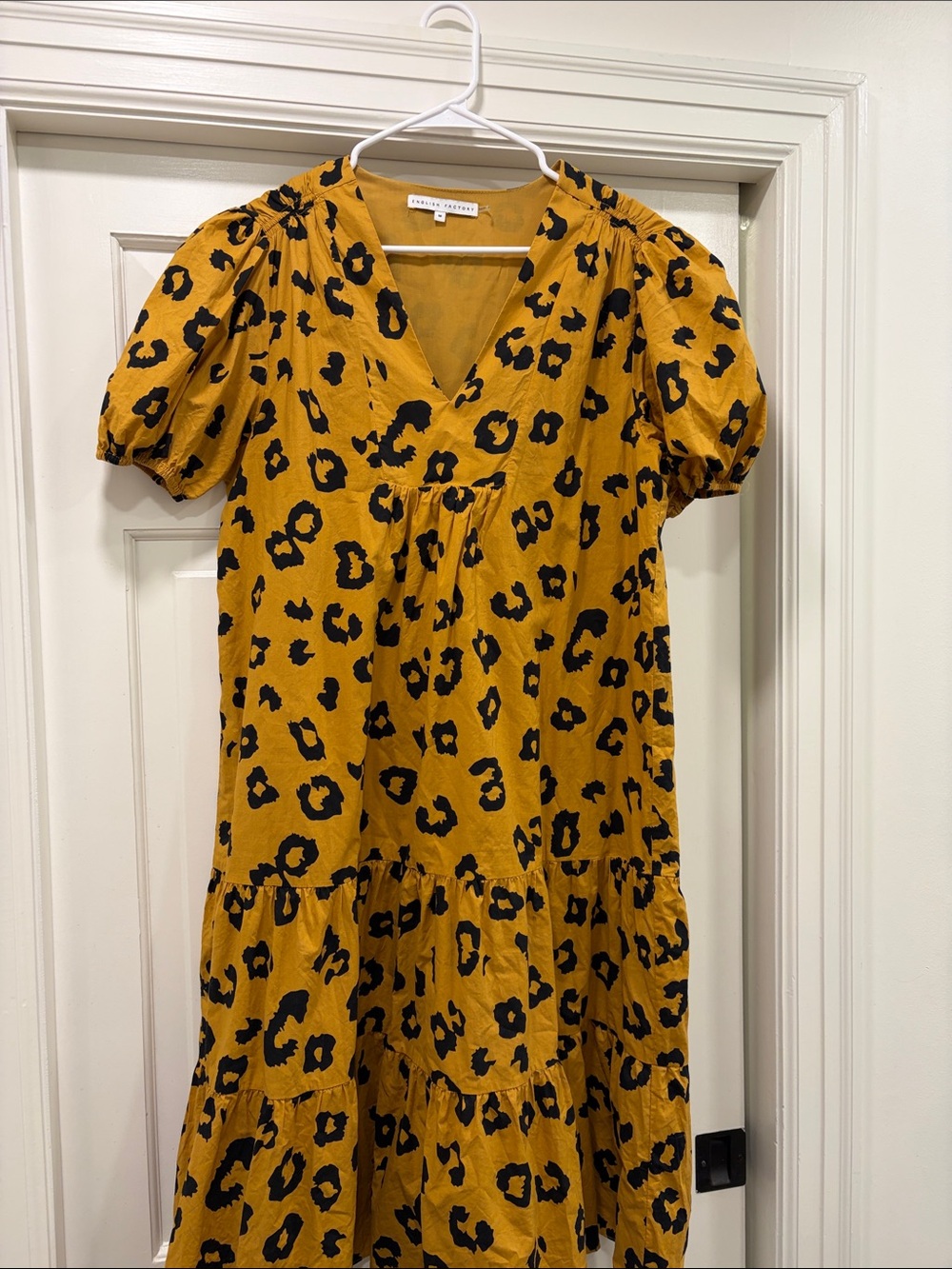 English Factory Yellow and black Leopard Print Tiered Dress